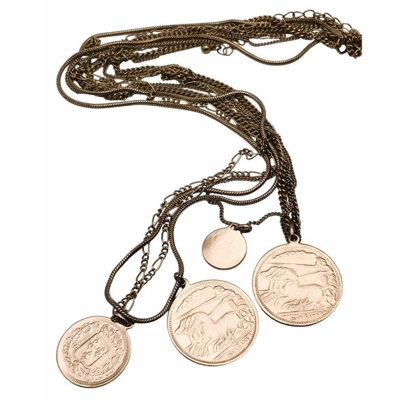 Roman Coin Layered Necklace NWOT Gold Tone Multi Strand Waterfall - Picture 6 of 7